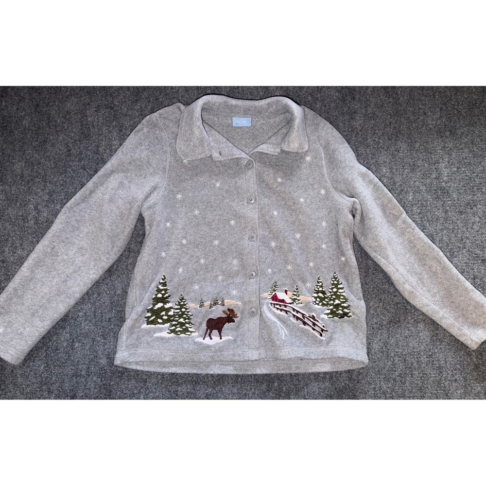 Croft & Barrow Sport Gray Fleece Winter Moose Cabin Embroidered Cardigan XL